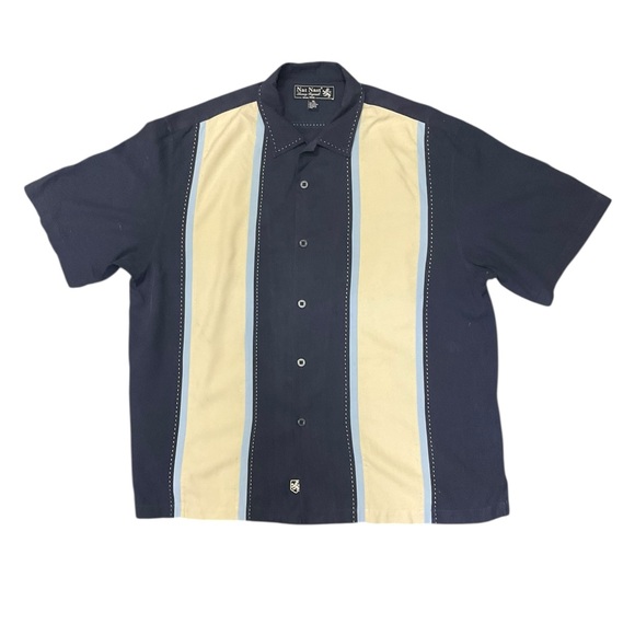 🧵 Nat Nast Luxury Originals Men’s XL Retro Bowling Shirt – Navy Cream Stripe - Picture 2 of 7